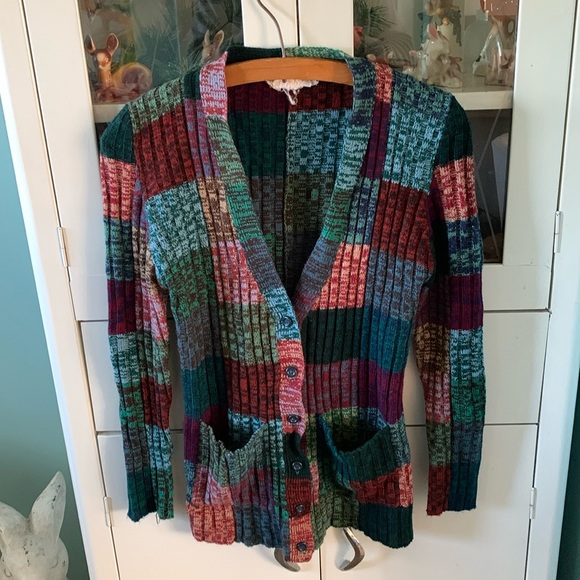 Source Unknown Sweaters - Vintage patchwork look sz L cardigan sweater euc hand loomed